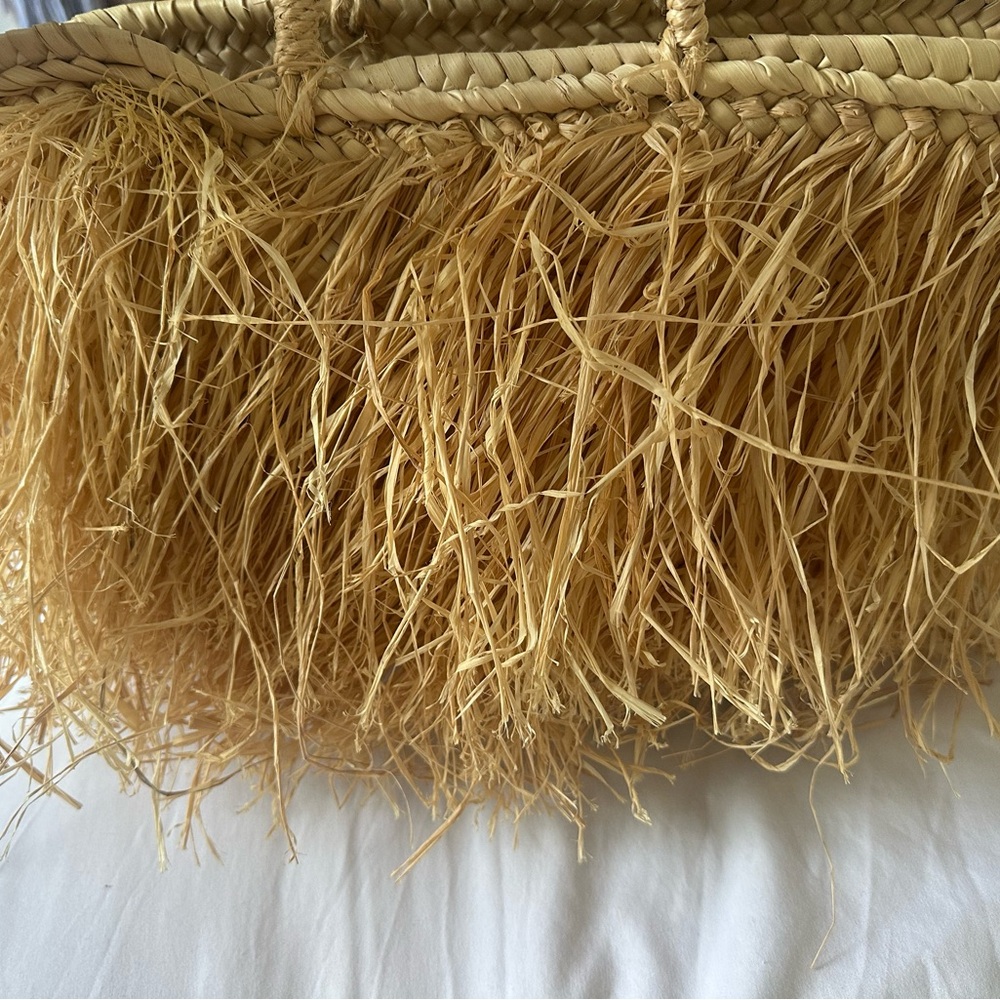 Woven Straw Tote with Fringe Trim - Natural
